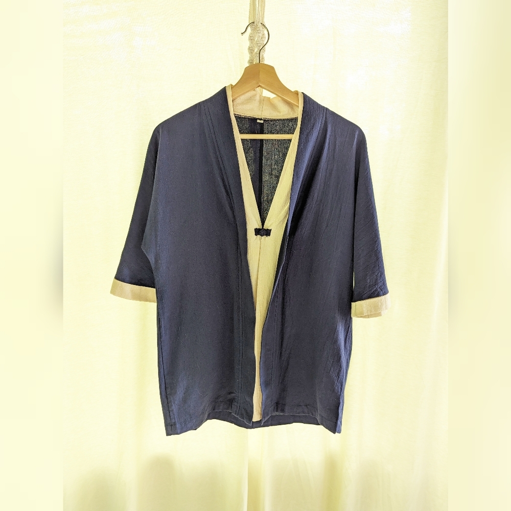 Unisex Navy And Cream Yukata Kimono Cardigan Jacket
